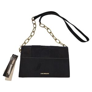 Like Dreams Faux Suede Crossbody Handbag, Black / Gold Trim & Chain Link, NWT